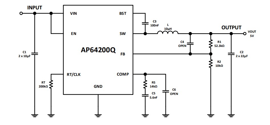 Application Circuit Diagram - Diodes Incorporated AP64200Q Automotive Synchronous Buck Converter